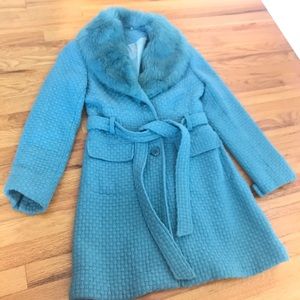 Teal wool coat with faux fur